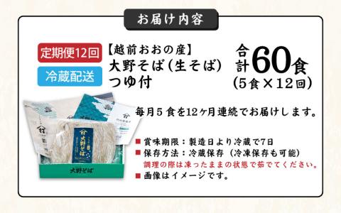 【12ヶ月定期便】越前大野産 石臼挽き 越前そば 生そば5食 × 12回 計60食（つゆ付）