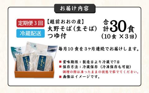 【3ヶ月定期便】越前大野産 石臼挽き 越前そば 生そば10食 × 3回 計30食（つゆ付）