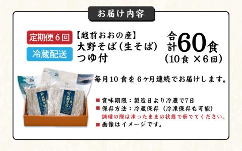 【6ヶ月定期便】越前大野産 石臼挽き 越前そば 生そば10食 × 6回 計60食（つゆ付）