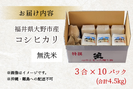 【令和5年産】福井県大野市産 コシヒカリ 無洗米 3合×10パック（4.5kg）小分け アウトドアにもおすすめ 農家直送  [A-013003]