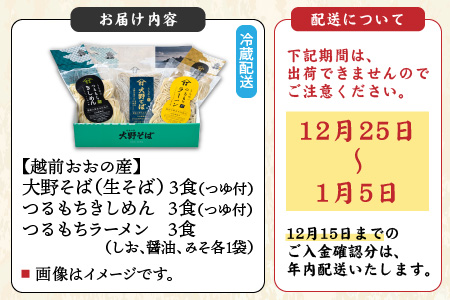 【先行予約】越前大野産 石臼挽き 越前そば 生そば＋きしめん＋ラーメン 各3食セット（つゆ、スープ付）【2026年1月7日～順次発送開始】