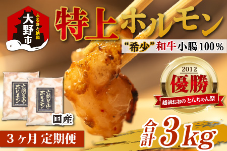 【3ヶ月定期便】とんちゃん祭2012年優勝商品！特上ホルモン（和牛小腸100％）1kg（500g×2袋）×3回　合計3kg[D-026001]