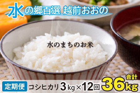 【令和7年産 新米】【12ヶ月定期便】こしひかり 3kg×12回 計36kg【白米】「エコファーマー米」水のまちのお米 [E-003002]