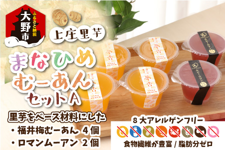 【アレルギー対応スイーツ】まなひめむーあんＡ 6個 詰合せ【里芋ベースのゼリー風スイーツ】(三年熟成の福井梅、石川県の高級ぶどうルビーロマンを丸ごと使用)【グルテンフリー】[A-031006]