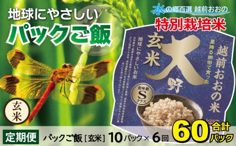 【6ヶ月定期便】地球にやさしいパックご飯 10食入り【玄米】× 6回　計60食　減農薬・減化学肥料 「特別栽培米」－地球にやさしいお米－[E-003003]