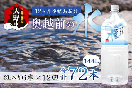【12ヶ月連続お届け】奥越前の水 PET2L×6本 計72本[H-036001]