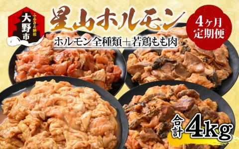 【4ヶ月定期便】【全国ホルモン大会初代優勝】星山ホルモン　ホルモン全種類＋若鶏もも肉4ヶ月定期便セット【行列のできるお店】