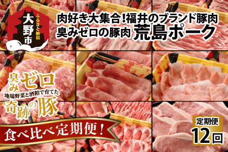 【肉の定期便×12回コース】肉好き大集合！臭みゼロの豚肉「荒島ポーク」食べ比べ 定期便 【福井のブランド豚肉】[K-054001]
