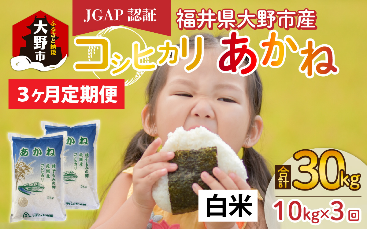 先行予約】【令和6年産 新米】【3ヶ月定期便】福井県大野市産 JGAP認証 コシヒカリ「あかね」（白米）5kg×2袋＝10kg×3回 計30kg:  大野市ANAのふるさと納税