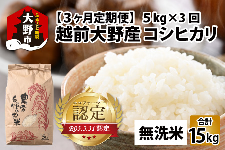 [令和6年産][3ヶ月定期便]越前大野産 エコファーマー認定農家栽培こしひかり 無洗米 5kg × 3回 計15kg