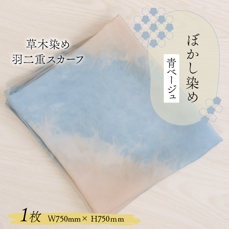 草木染め羽二重スカーフ 青ベージュ ぼかし染め [A-053004]