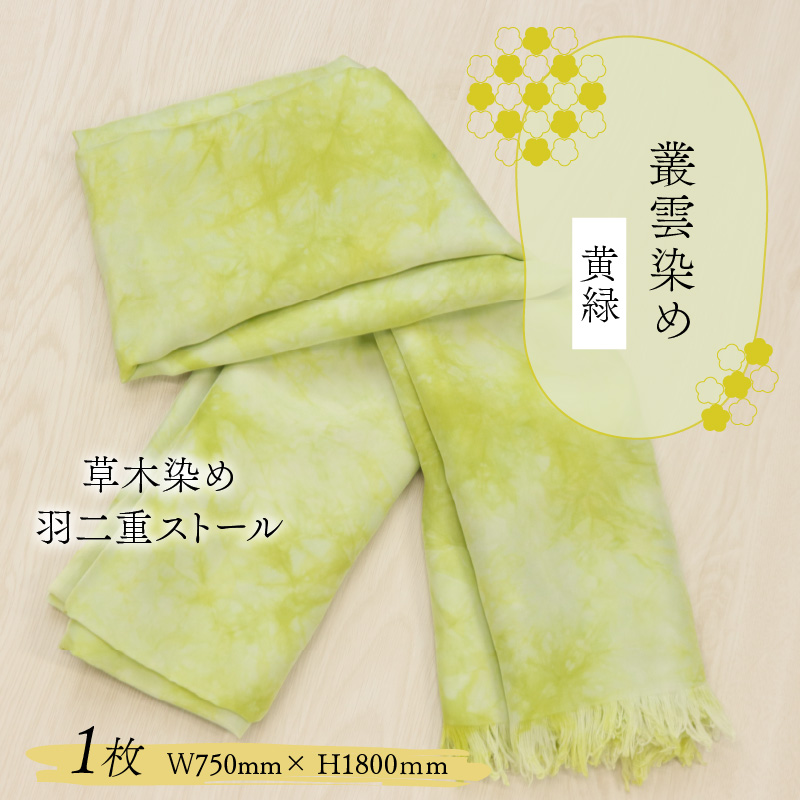 草木染め羽二重ストール 黄緑 叢雲染め [C-053001]