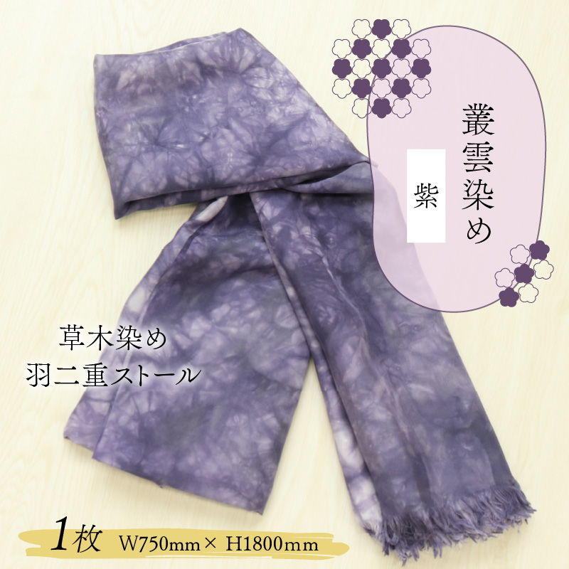 草木染め羽二重ストール 紫 叢雲染め [C-053003]