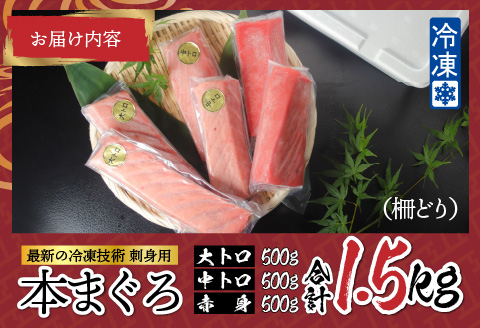 【刺身用】本マグロセット（大トロ 500g + 中トロ 500g + 赤身 500g）計1.5kg【最新の冷凍技術】 （大トロ 500g + 中トロ 500g + 赤身 500g）計1.5kg