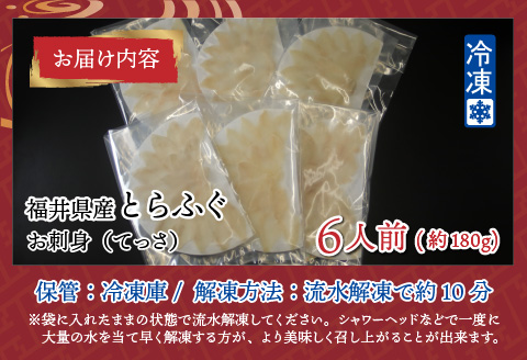 【最新の冷凍技術】福井県産とらふぐのお刺身（てっさ）6人前 約180g 6人前 約180g