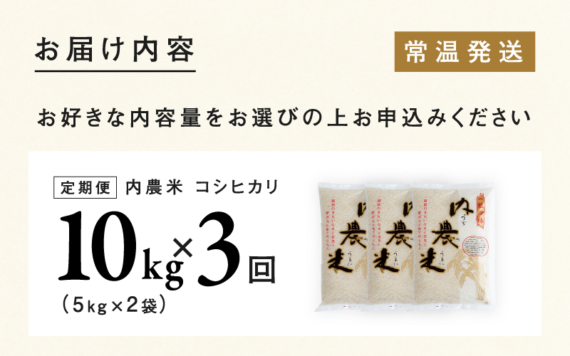 【令和7年産】【3ヶ月連続お届け】福井県産 内農米コシヒカリ定期便 10kg × 3回 計30kg 【定期便】内農米コシヒカリ10kg × 3回