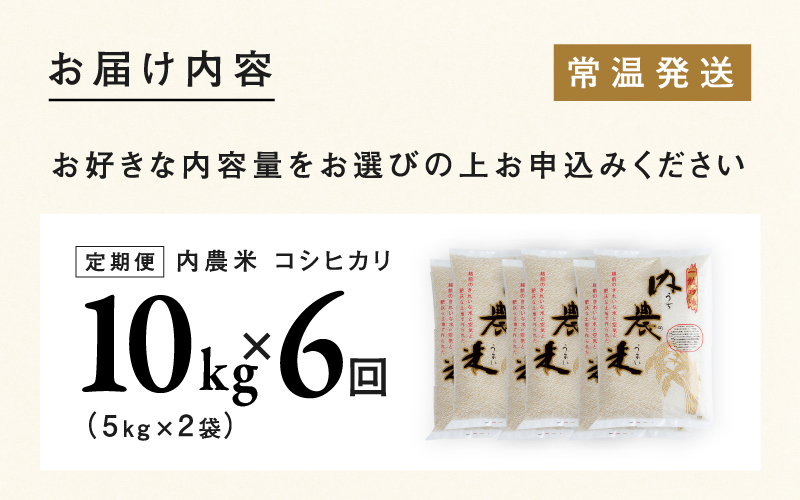 【令和7年産】【6ヶ月連続お届け】内農米コシヒカリ定期便 10kg × 6回 計60kg 【定期便】内農産　コシヒカリ10kg × 6回