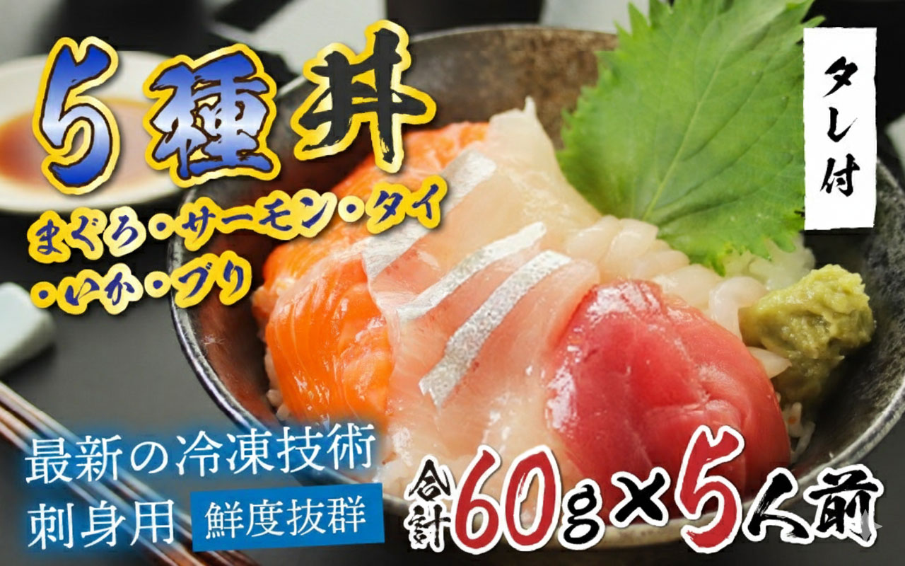 【刺身用】海鮮丼の具5種盛り（マグロ・サーモン・タイ・イカ・ブリ）60g（タレ付）× 5人前【最新の冷凍技術】