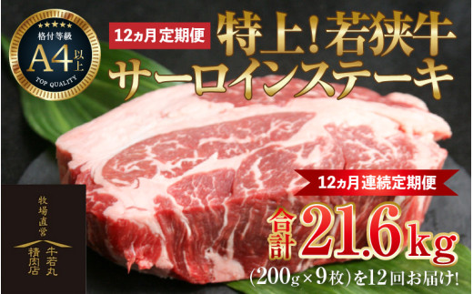 【定期便 全12回】特上！若狭牛サーロインステーキ 200g×9枚 ／ ステーキ ステーキ肉 A4 A5 200g サーロイン サーロインステーキ 国産 若狭牛 牛肉 [aw009-w001]