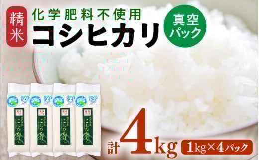 【令和7年産】 化学肥料不使用コシヒカリ 精米 4kg(1kg×4パック）【真空パック】 / 白米 米 福井県あわら市産 美味しい 特別栽培米 減農薬 安心な米 旨味 甘み もっちり エコファーマー こしひかり 冷蔵保管米 [aw010-a029]