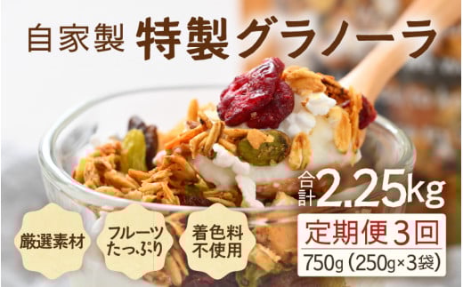 ＜定期便3回＞ 無添加 フルーツグラノーラ 250g×3袋 750g（計2.25kg）自家製 フルーツグラノーラ ／ 着色料不使用 オーガニック 果物 ドライフルーツ オートミール ヨーグルト 牛乳 シリアル 朝食 グルメ お取り寄せ ギフト 国産 ドライフルーツ ミックス クランベリー レーズン ナッツ きび砂糖 小分け グラノラ [aw051-c001]