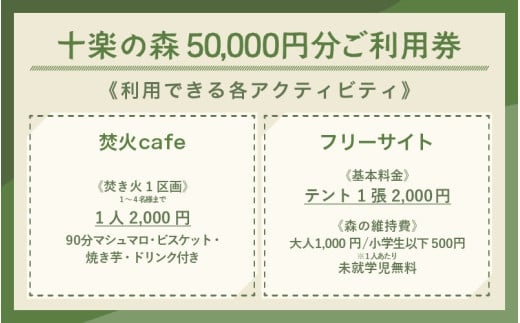 「十楽の森」 50,000円分 利用券 ＜キャンプ・BBQ・ドッグラン・飲食楽しめる施設＞ ／ あわら 体験 チケット 施設 アウトドア グランピング バーベキュー 道具 レンタル テント ノルディスク [aw007-m001]
