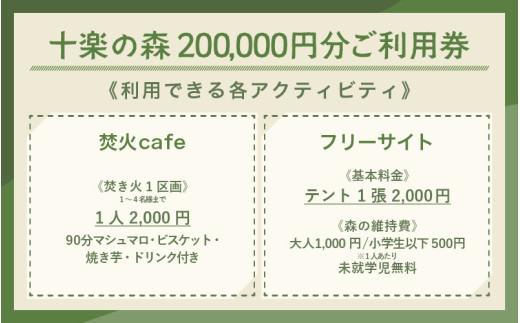「十楽の森」 200,000円分 利用券 ＜キャンプ・BBQ・ドッグラン・飲食楽しめる施設＞  ／ あわら 体験 チケット 施設 アウトドア グランピング バーベキュー 道具 レンタル テント ノルディスク [aw007-s001]