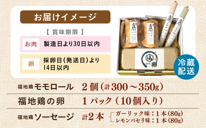 福井ブランド「福地鶏」セット（モモロール2本・2種のソーセージ・卵）お肉と卵が存分に堪能できる！ [aw036-b004]