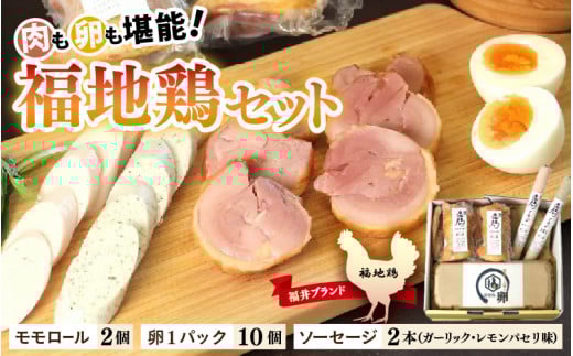 福井ブランド「福地鶏」セット（モモロール2本・2種のソーセージ・卵）お肉と卵が存分に堪能できる！ [aw036-b004]