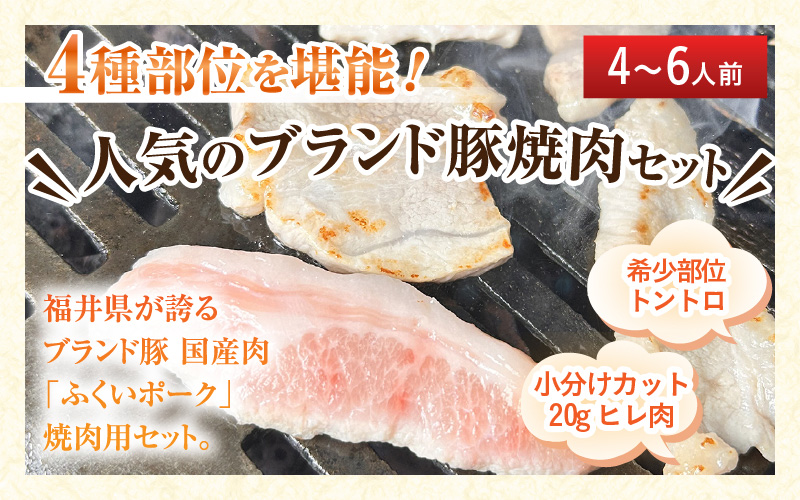 【福井県産ブランド豚】ふくいポーク 焼肉セット 4種食べ比べ 計800g（希少部位 トントロ・ロース・バラ・ヒレ20gカット）【肉 国産 豚肉 詰め合わせ 14日以内に発送 銘柄豚肉 福井県産 ポーク ロース バラ ヒレ肉 とんとろ セット ぶたにく 冷凍 小分け バーべキュー食材】 [e03-a055]