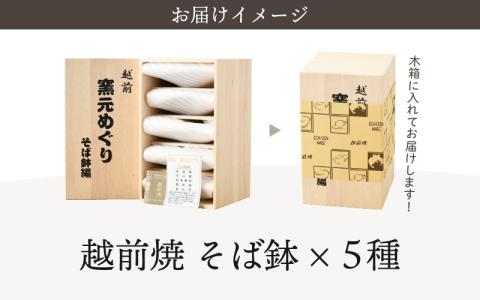 越前焼】窯元めぐり そば鉢編 5枚組 煮物やサラダの盛付にもぴったり【はち ボール どんぶり 蕎麦 ソバ 国成窯 拓逢陶房 豊彩窯 宗山窯 竜仙窯 皿】  [e25-c001]: 越前町ANAのふるさと納税