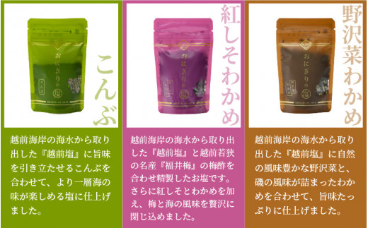 おにぎりのしお 5種セット【熟成塩 紅しそ こんぶ 紅しそわかめ 野沢菜わかめ】【福井県 おにぎり 塩 小袋 小分け 詰め合わせ】 [e13-a005]