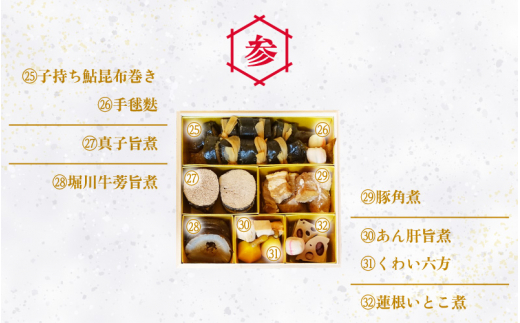 迎春 おせち 2026年 本格料亭 手作り3段重 5～6人前 盛付済 小西亭特製 31品目以上 解凍不要 【福井県 お節 おせち料理 冷蔵 保存料不使用 おせち お節 御節 迎春 新春】【2025年12月30日発送】 [e53-j003]