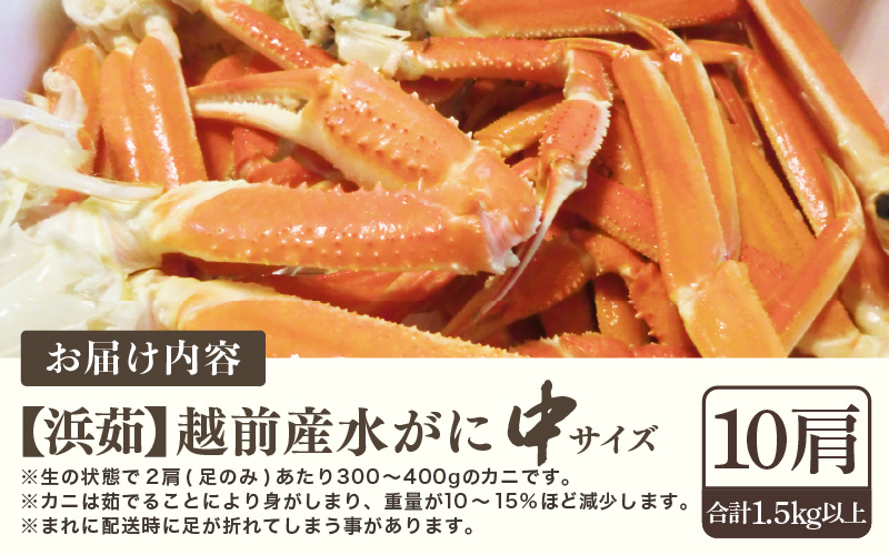 【期間限定】浜ゆで 越前産水がに中サイズ 10肩（足のみ2肩あたり300～400g） 合計1.5kg以上 産地直送 食べやすい【雄 ズワイガニ 越前ガニ 足のみ ボイル 冷蔵 かに カニ 蟹 福井県】希望日指定可 備考欄にメールアドレスをご記入ください [e68-x009]