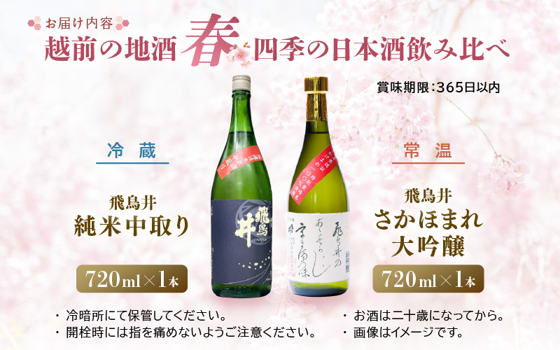 【先行予約】 越前の地酒 春 四季の日本酒飲み比べ 720ml × 2本 江戸時代より創業 飛鳥井（あすかい）のお酒 【2026年3月より順次発送】 【酒 地酒 セット 純米酒 さかほまれ 大吟醸 プレゼント ギフト 贈答 福井県 家飲み 】 [e19-a023]