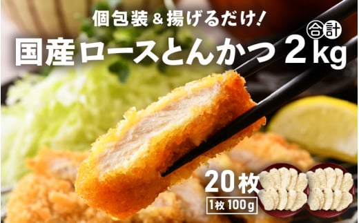 国産 豚肉 ロースとんかつ 計2kg！（100g × 20枚）地元の人気精肉店が手造り！個包装＆揚げるだけ！【福井県 とんかつ 冷凍 小分け】 [e02-a010]