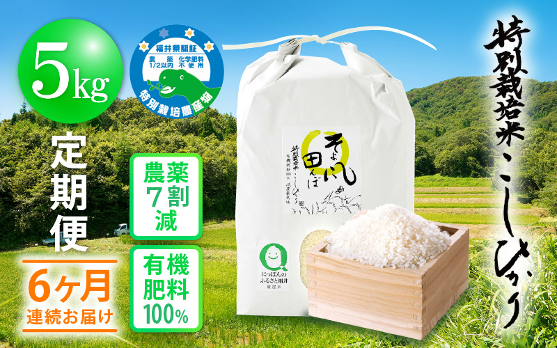 令和7年産 米 定期便 ≪6ヶ月連続お届け≫ 特別栽培米 コシヒカリ 5kg × 6回 福井県産米（有機肥料100% 農薬7割減）【人気品種 こしひかり 計30キロ】 [e10-h002]