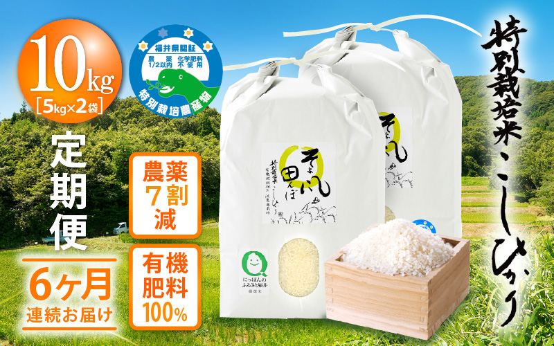 令和7年産 米 定期便 ≪6ヶ月連続お届け≫ 特別栽培米 コシヒカリ 10kg × 6回 福井県産米（有機肥料100% 農薬7割減）【人気品種 こしひかり 計60キロ】 [e10-m001]
