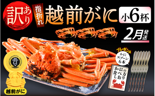 【訳あり】≪浜茹で≫指折れ 越前がに（小） × 6杯 食べ方しおり かにスプーン付き【雄 ズワイガニ ずわいがに 越前ガニ 姿 ボイル 冷蔵 福井県】【2月発送分】希望日指定可 備考欄に希望日をご記入ください [e15-x002【】02]