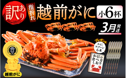 【訳あり】≪浜茹で≫指折れ 越前がに（小） × 6杯 食べ方しおり かにスプーン付き【雄 ズワイガニ ずわいがに 越前ガニ 姿 ボイル 冷蔵 福井県】【3月発送分】希望日指定可 備考欄に希望日をご記入ください [e15-x002【】03]