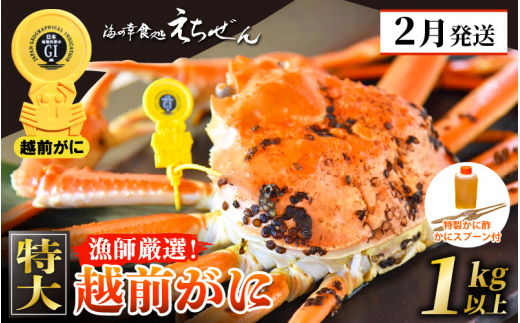 ≪浜茹で≫ 越前がに 特大 × 1杯（生で1kg以上） 越前がに漁師厳選！かに酢 かにスプーン2本 食べ方QRコード付き【雄 ズワイガニ ずわいがに 越前ガニ 姿 ボイル 冷蔵 福井県】【2月発送分】希望日指定可 備考欄に希望日をご記入ください [e38-x001【】02]