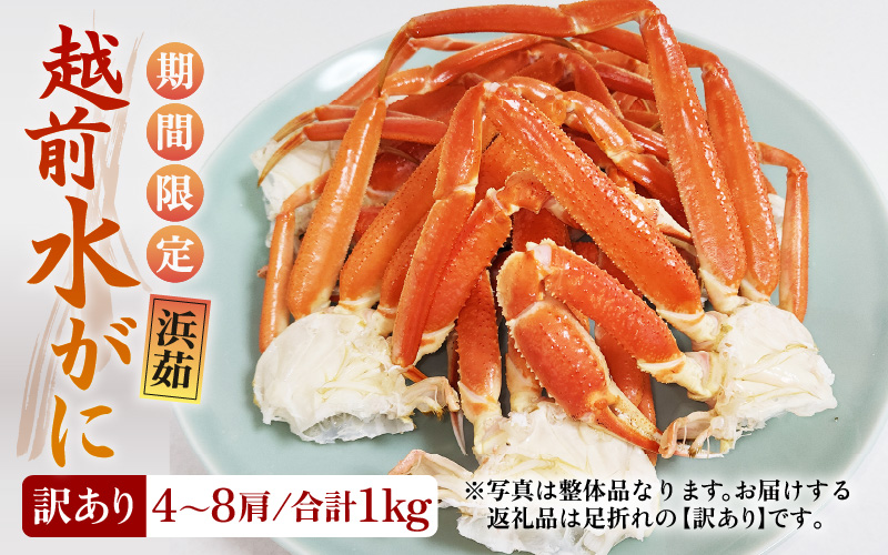 【期間限定】【訳あり品】≪浜茹で≫越前産水がに 1kg（4肩～8肩）産地直送　お手頃【雄 ズワイガニ 越前ガニ 足のみ ボイル 冷蔵 かに カニ 蟹 福井県】希望日指定可 備考欄にメールアドレスをご記入ください [e43-x016]