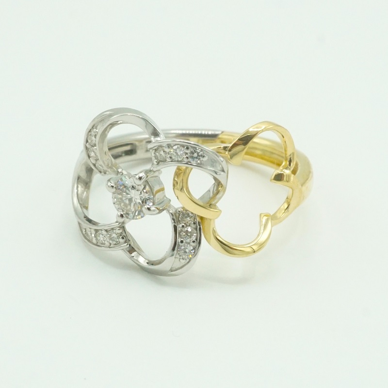 〈 甲府ジュエリー 〉K18YG&Pt900コンビ　サイズアジャストリング　天然ダイヤモンド　クローバー型　R17280C