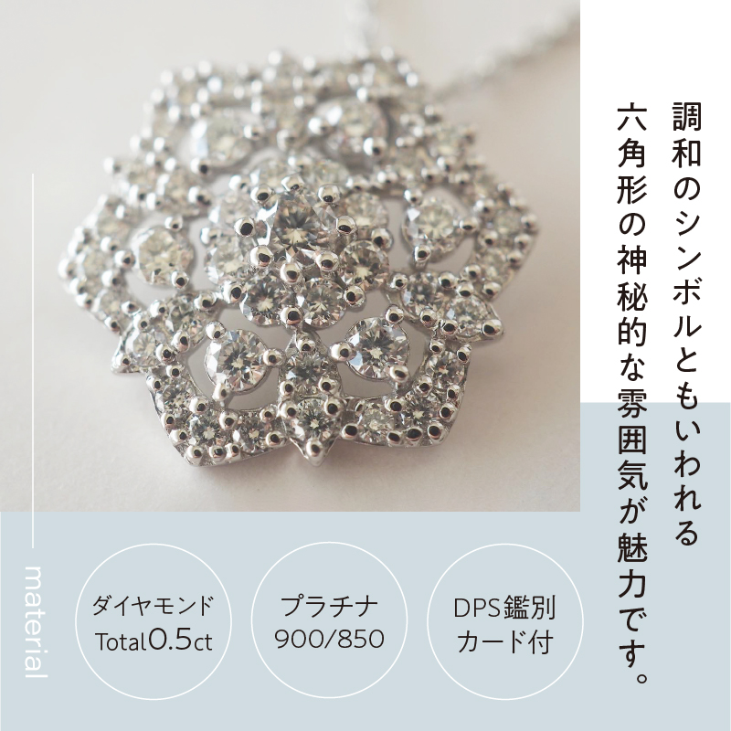 〈 甲府ジュエリー 〉[MADE IN KOFU]PT900/PT850 六角形レースモチーフダイヤネックレス TI-829