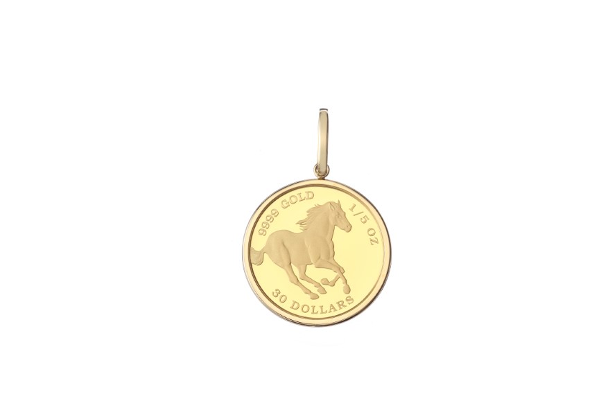〈 甲府ジュエリー 〉[MADE IN KOFU] 24金 純金 ホースコイン シンプル枠 ペンダントトップ Lサイズ 1/5oz AG-022