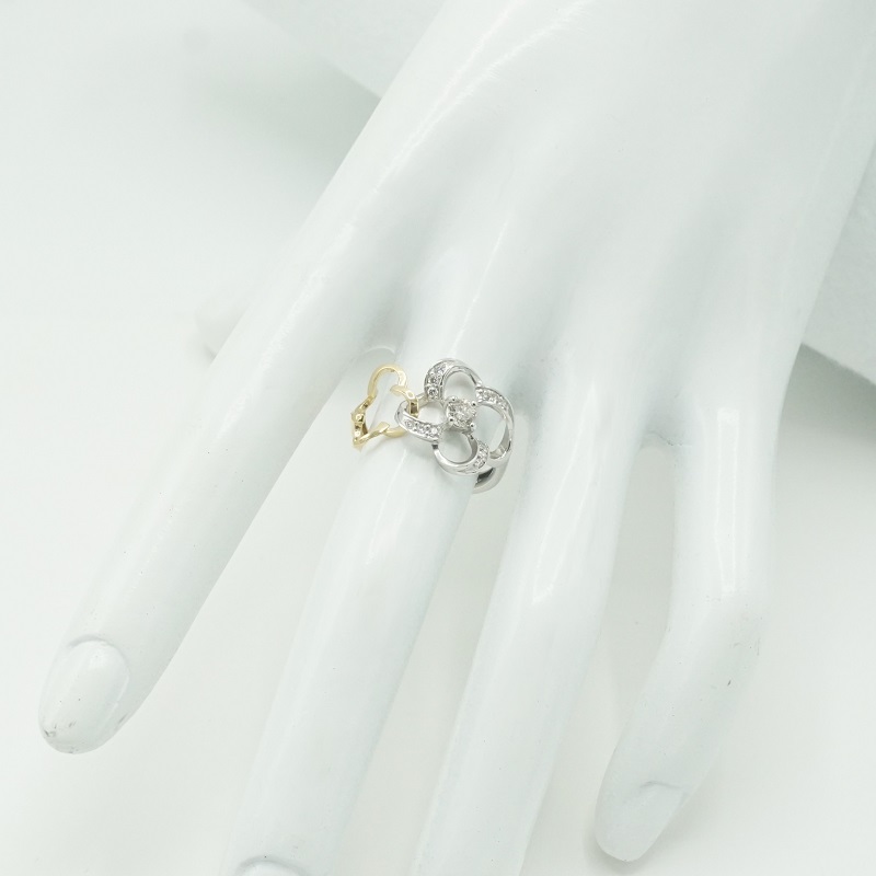 〈 甲府ジュエリー 〉K18YG&Pt900コンビ　サイズアジャストリング　天然ダイヤモンド　クローバー型　R17280C