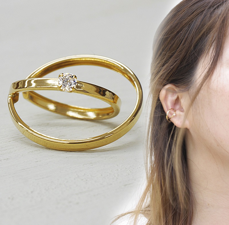 ＜ 甲府ジュエリー ＞k18YG ダイヤモンド 手作り イヤーカフ ジュエリー 2連サークル 03186