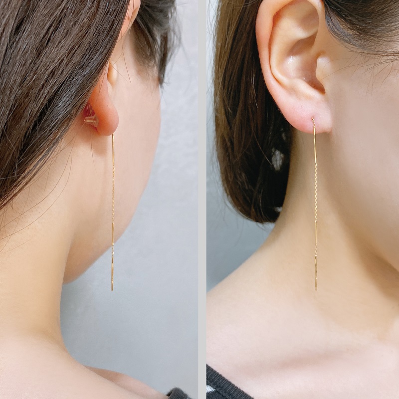 〈 甲府ジュエリー 〉K18　ゴールド　バー＆チェーンアメリカピアスGMJ-1050