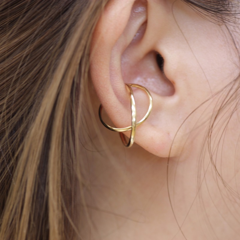 ＜ 甲府ジュエリー ＞k18YG 地金 手作り 大ぶりイヤーカフ ジュエリー 2連サークル 03192