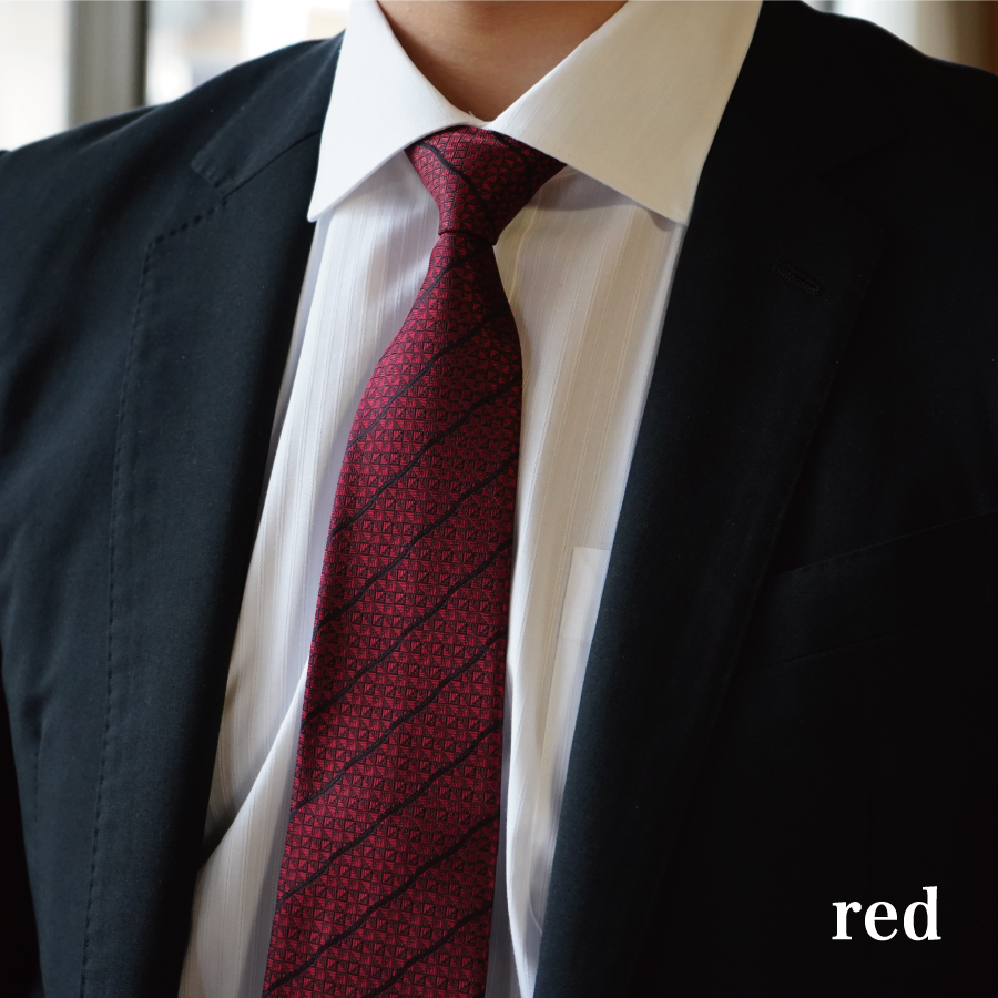 【Hadashin】シルクネクタイ（レッド）【402　ブラックストライプ】